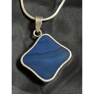 Blue Agate & Sterling Pendant Necklace Natural Polished Blue Agate Pendant